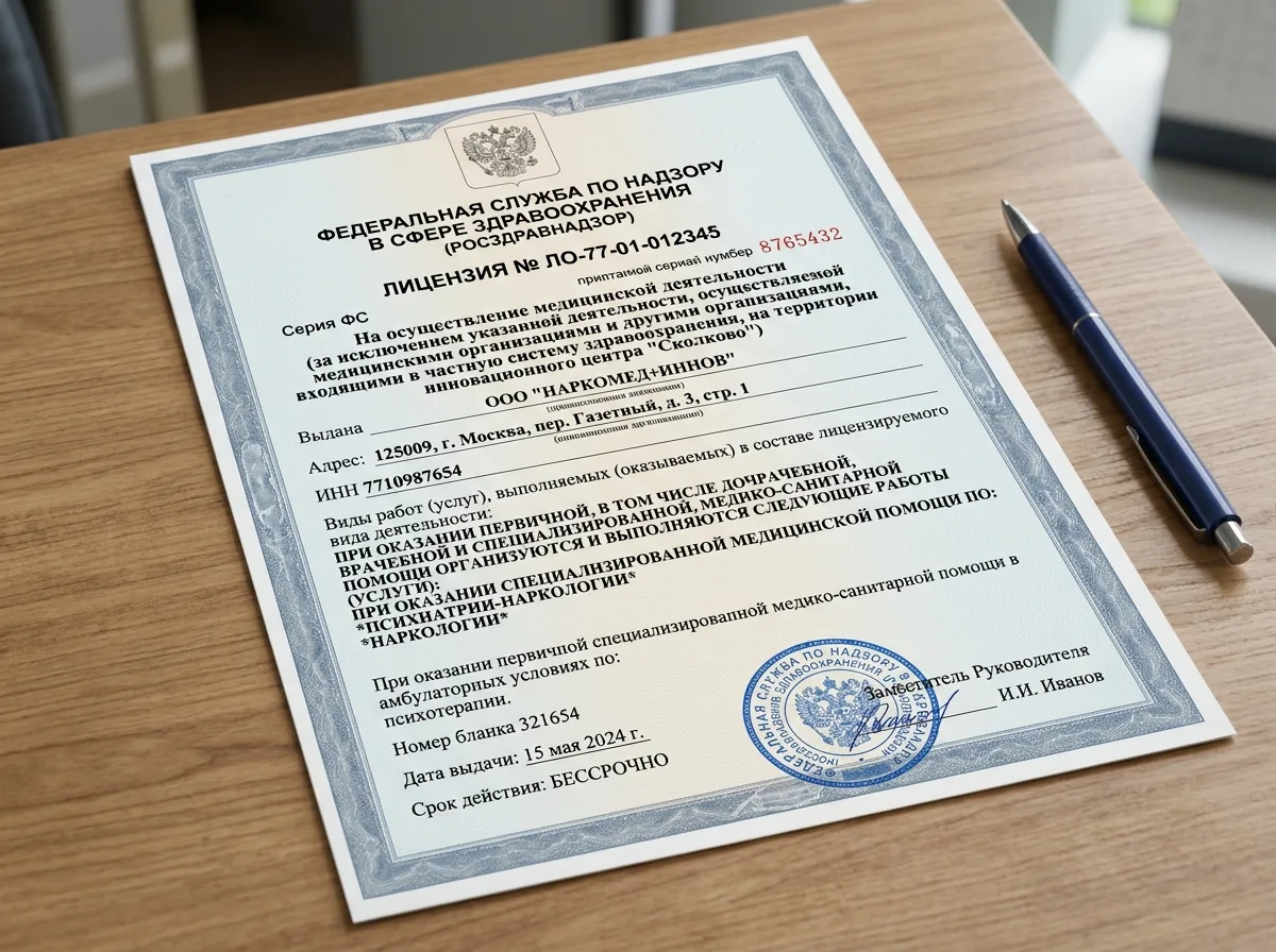 Лицензия Росздравнадзора на осуществление медицинской деятельности, официальный бланк с печатью, наркологический профиль